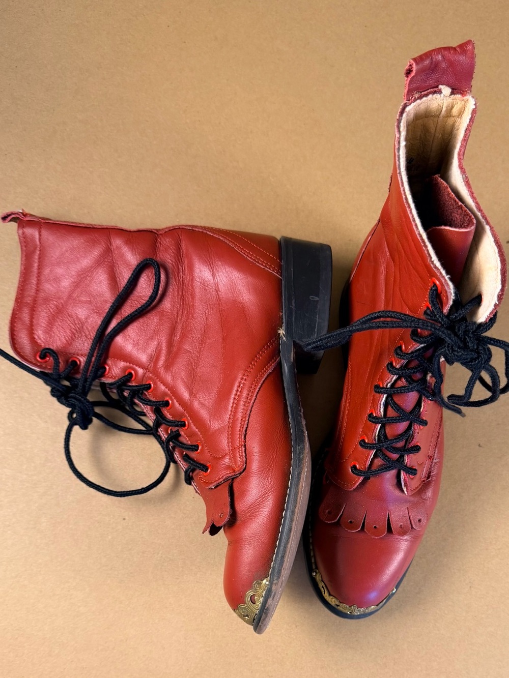 Vintage 70s Laredo Red Frill Toe Lace Up Leather Cowboy Boots Heel Women 6.5 - Picture 3 of 9